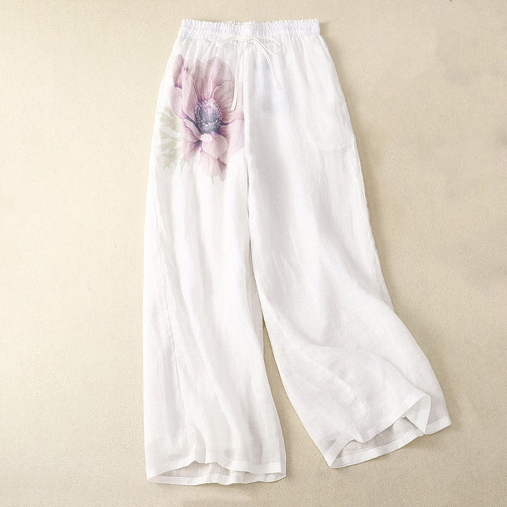 Pantalones de pernera ancha con cordón y bolsillos de lino y algodón con estampado floral de Buddha Stones - Blanco - US12, UK/AU16, EU44 (2XL) - image 0