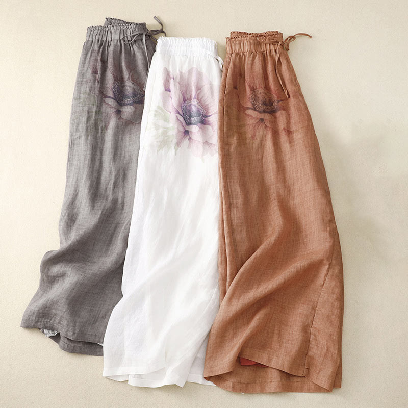 Pantalones de pernera ancha con cordón y bolsillos de lino y algodón con estampado floral de Buddha Stones - image 1