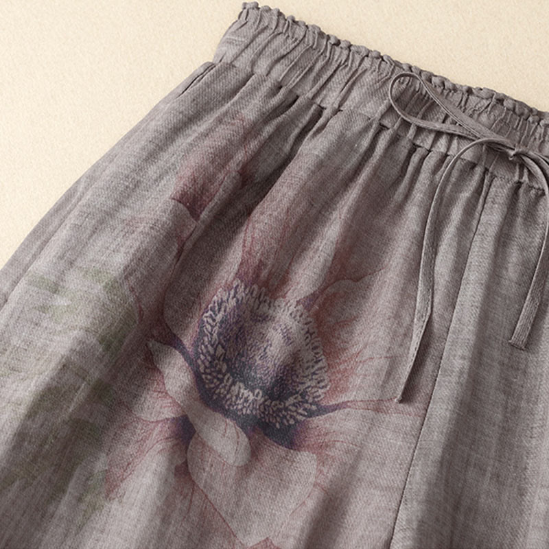Pantalones de pernera ancha con cordón y bolsillos de lino y algodón con estampado floral de Buddha Stones - image 7