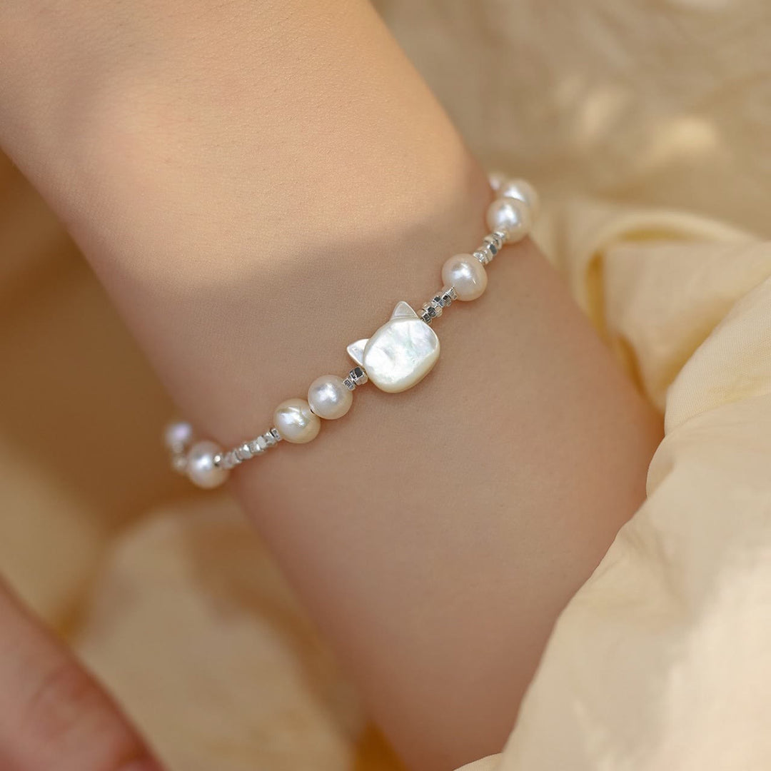 Pulsera curativa con cadena de plata y piedra Tridacna con cabeza de gato y Buddha Stones - Perla (circunferencia de la muñeca 14-16 cm) - image 1