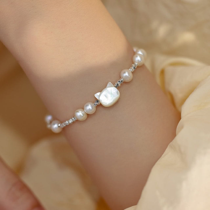 Pulsera curativa con cadena de plata y piedra Tridacna con cabeza de gato y Buddha Stones - Perla (circunferencia de la muñeca 14-16 cm) - image 1