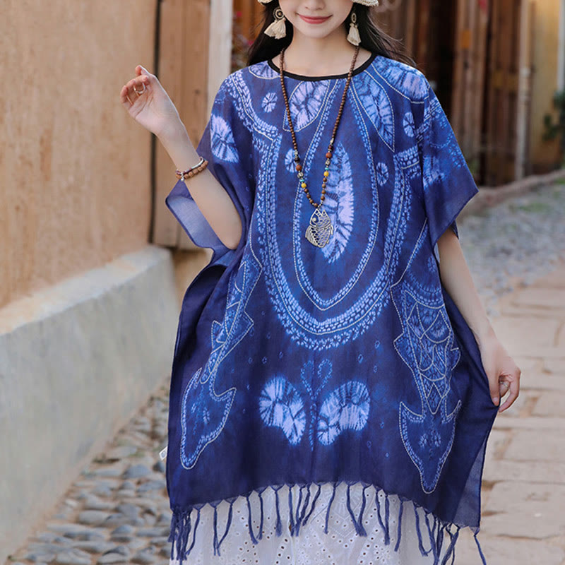 Jersey de viaje acogedor con borlas y chal Batik geométrico azul de Buddha Stones 90*95cm - image 3