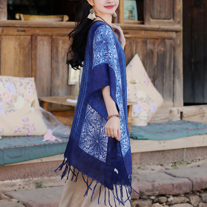 Jersey de viaje acogedor con borlas y chal Batik de rayas geométricas azules con Buddha Stones 90*95cm - image 3