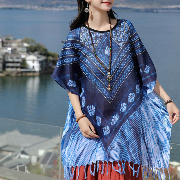 Jersey suave con chal Batik de rayas triangulares azules con Buddha Stones 90*95cm - image 7