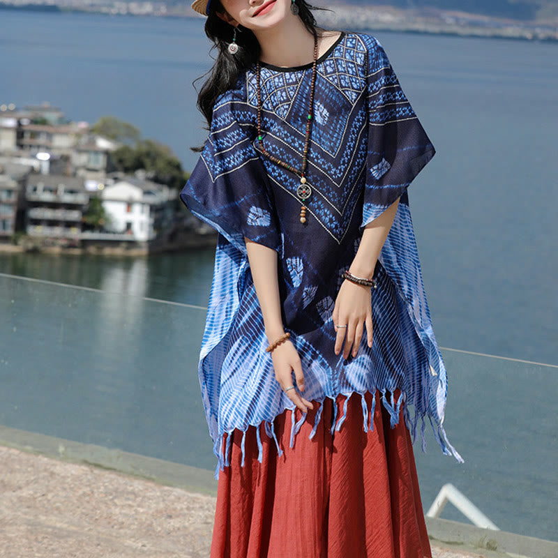 Jersey suave con chal Batik de rayas triangulares azules con Buddha Stones 90*95cm - image 6