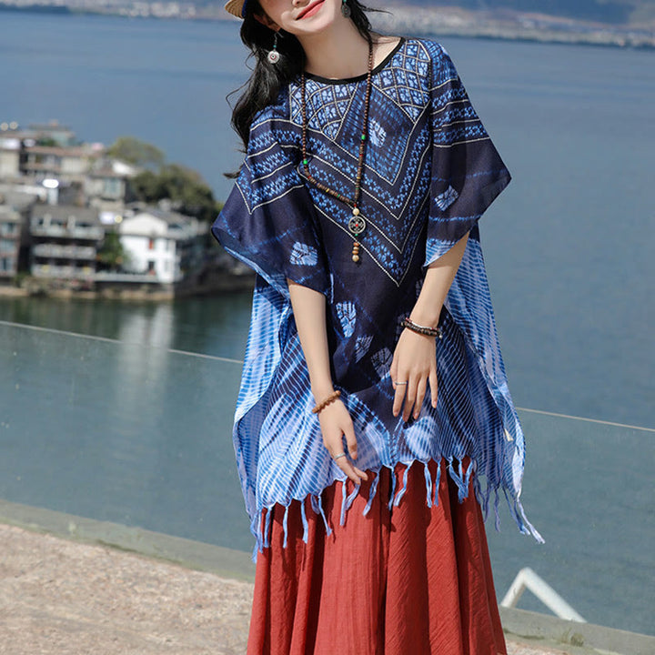 Jersey suave con chal Batik de rayas triangulares azules con Buddha Stones 90*95cm - image 6