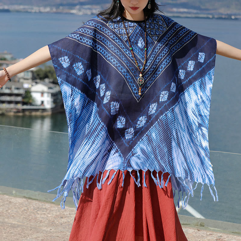 Jersey suave con chal Batik de rayas triangulares azules con Buddha Stones 90*95cm - image 9