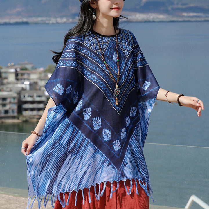 Jersey suave con chal Batik de rayas triangulares azules con Buddha Stones 90*95cm - image 1
