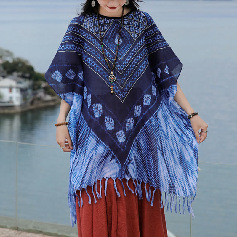Jersey suave con chal Batik de rayas triangulares azules con Buddha Stones 90*95cm - Azul 90*95 cm - image 0