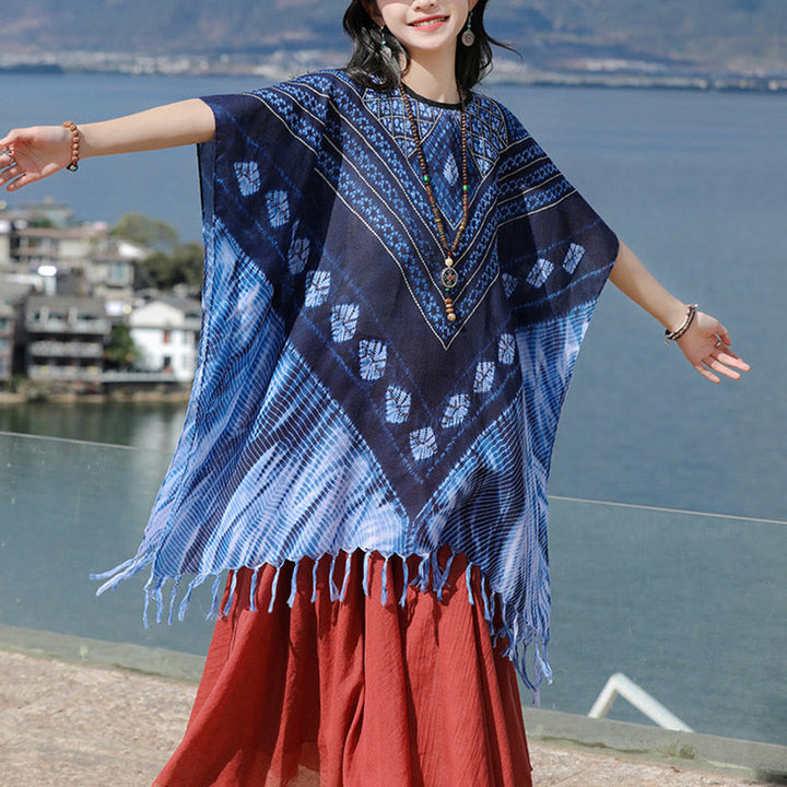 Jersey suave con chal Batik de rayas triangulares azules con Buddha Stones 90*95cm - image 10