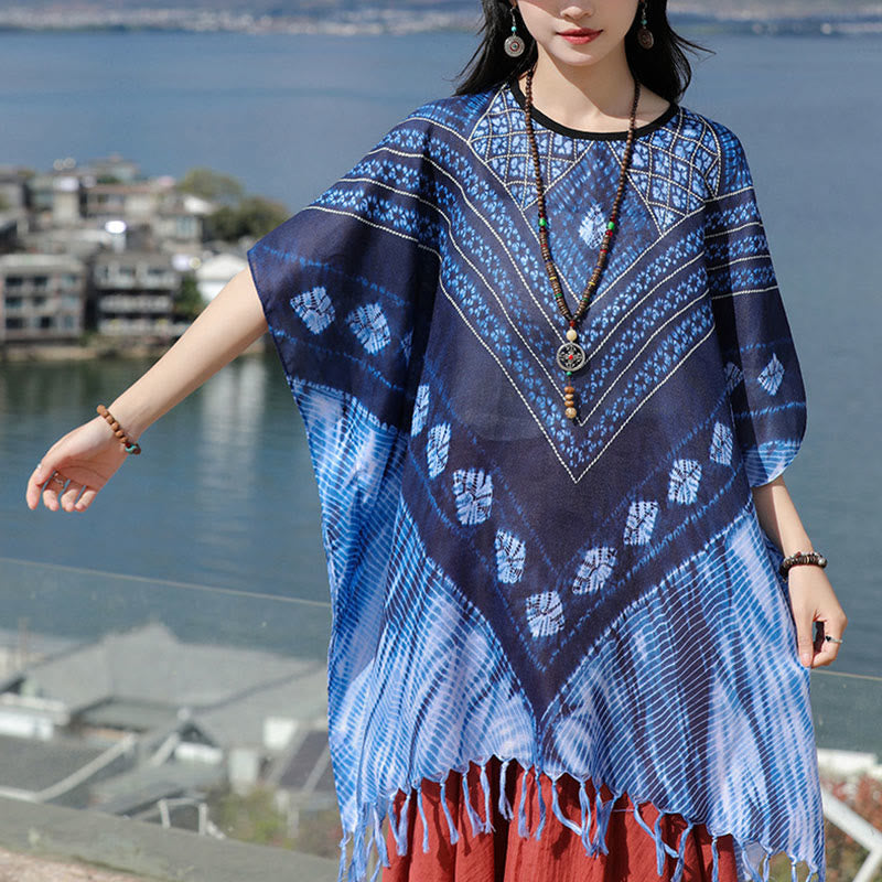 Jersey suave con chal Batik de rayas triangulares azules con Buddha Stones 90*95cm - image 4