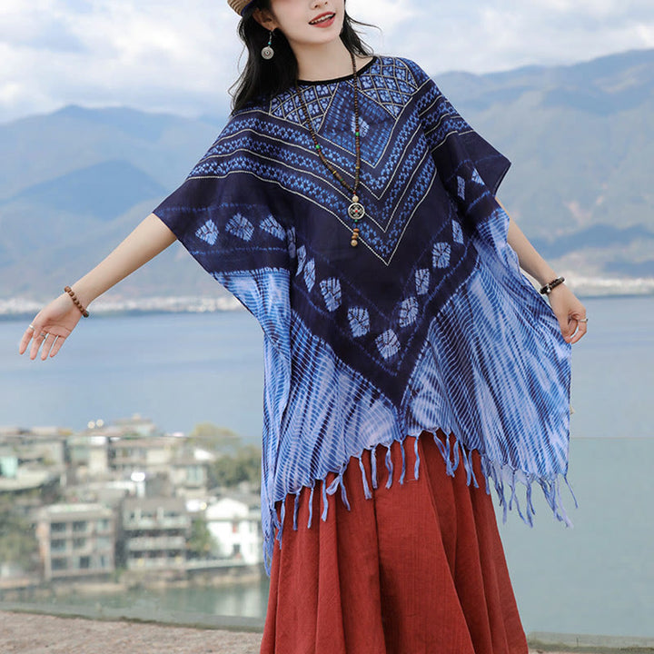 Jersey suave con chal Batik de rayas triangulares azules con Buddha Stones 90*95cm - image 5