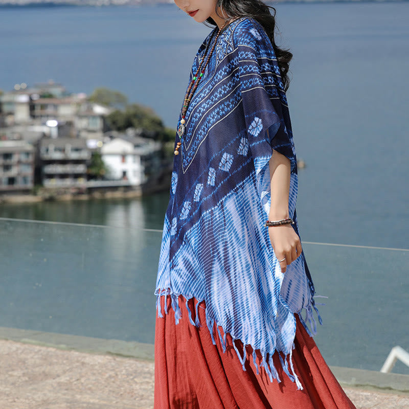 Jersey suave con chal Batik de rayas triangulares azules con Buddha Stones 90*95cm - image 2