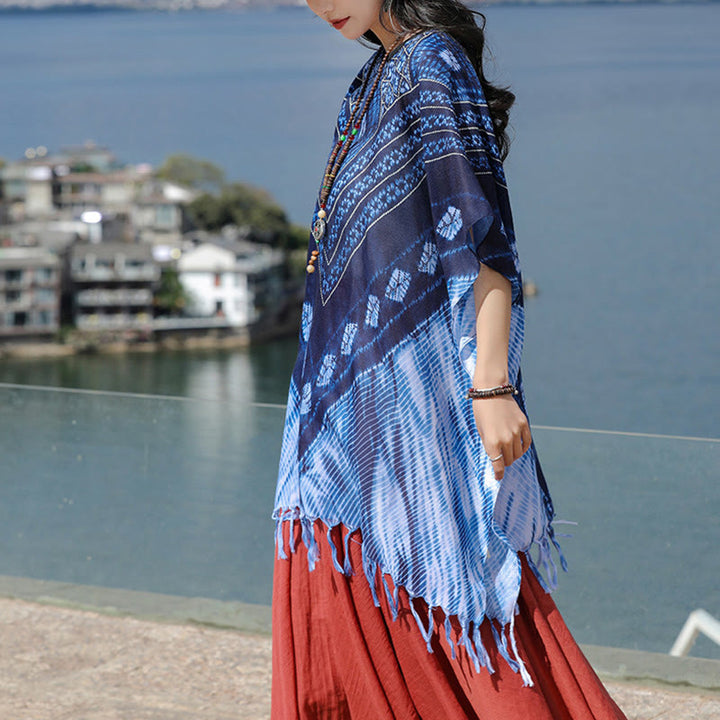 Jersey suave con chal Batik de rayas triangulares azules con Buddha Stones 90*95cm - image 2