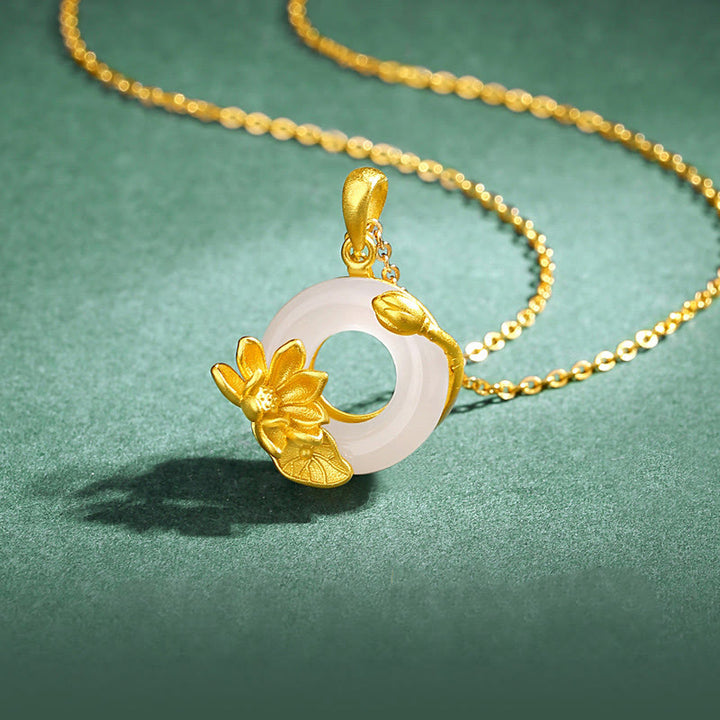 Collar de plata de ley S925 con colgante de loto y hebilla de la paz de calcedonia blanca Natural con Buddha Stones - Calcedonia (Armonía positiva ♥) - image 0