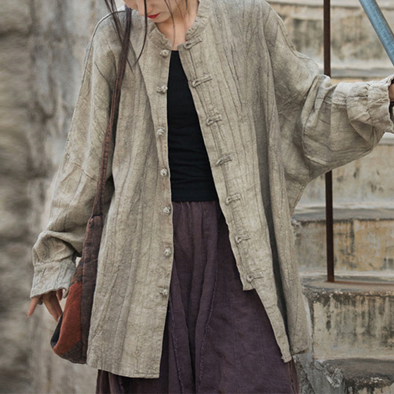 Chaqueta con frente abierto de meditación Zen de manga larga con botón de rana y teñido anudado de Buddha Stones - Beige (solo la parte superior) - US4-14, UK/AU8-18, EU36-46 (F) - image 7