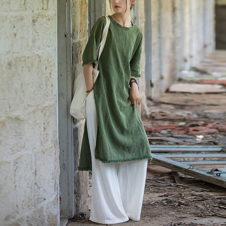 Vestido de longitud media con Buddha Stones Top de lino de ramio con media manga y dobladillo dividido - image 12