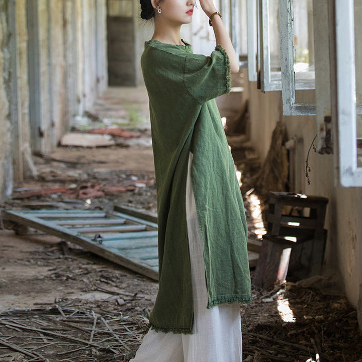 Vestido de longitud media con Buddha Stones Top de lino de ramio con media manga y dobladillo dividido - image 6