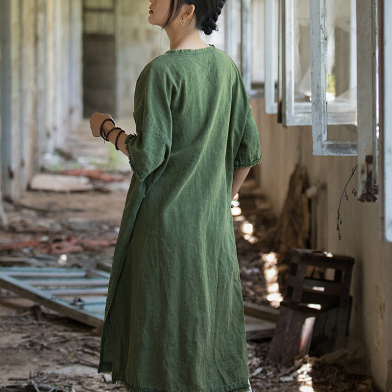 Vestido de longitud media con Buddha Stones Top de lino de ramio con media manga y dobladillo dividido - image 4