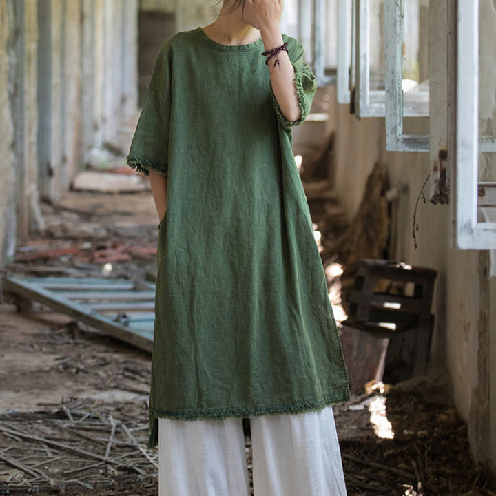 Vestido de longitud media con Buddha Stones Top de lino de ramio con media manga y dobladillo dividido - image 7