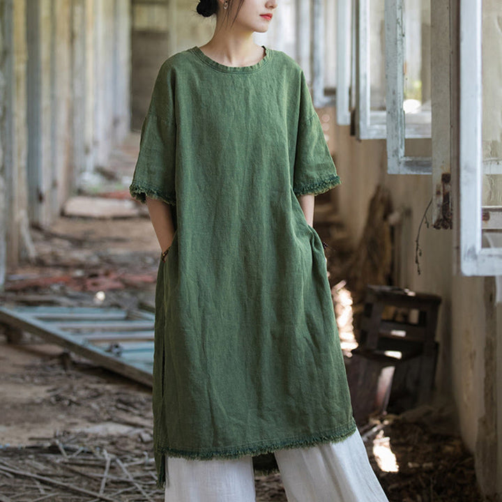 Camiseta de manga corta para mujer con estampado de Buddha Stones , ramio y lino, con bajo dividido. - Verde - US4-12, UK/AU8-16, EU36-44 (F)(Solo camisetas) - image 0