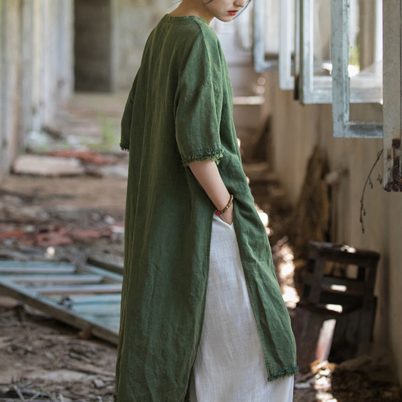 Vestido de longitud media con Buddha Stones Top de lino de ramio con media manga y dobladillo dividido - image 2