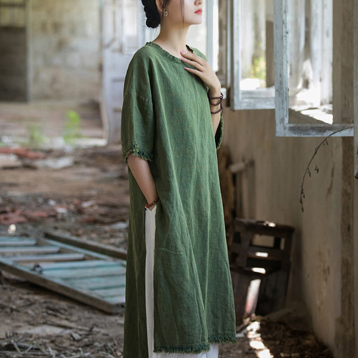 Vestido de longitud media con Buddha Stones Top de lino de ramio con media manga y dobladillo dividido - image 5