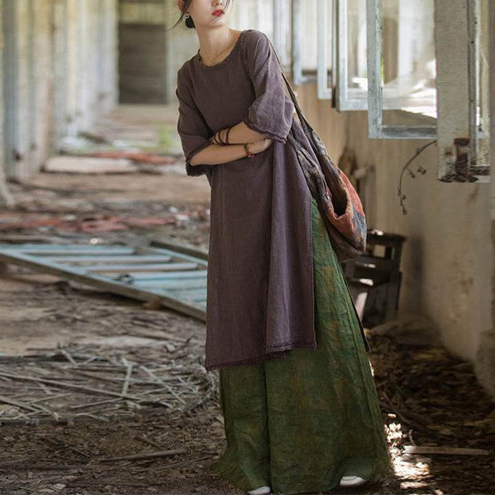 Vestido de longitud media con Buddha Stones Top de lino de ramio con media manga y dobladillo dividido - image 29