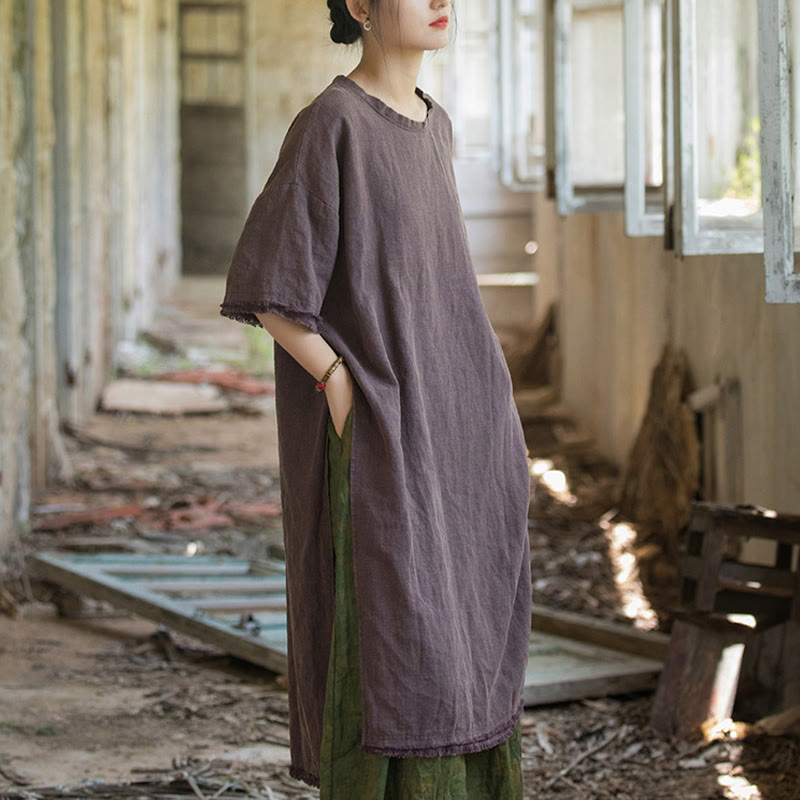 Vestido de longitud media con Buddha Stones Top de lino de ramio con media manga y dobladillo dividido - image 19