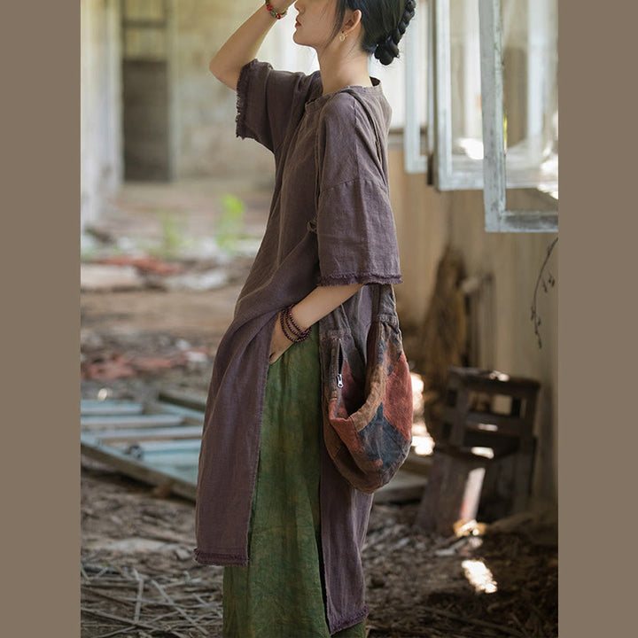Vestido de longitud media con Buddha Stones Top de lino de ramio con media manga y dobladillo dividido - image 23
