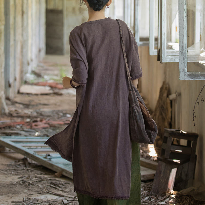 Vestido de longitud media con Buddha Stones Top de lino de ramio con media manga y dobladillo dividido - image 18