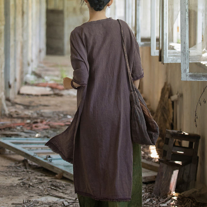 Vestido de longitud media con Buddha Stones Top de lino de ramio con media manga y dobladillo dividido - image 18