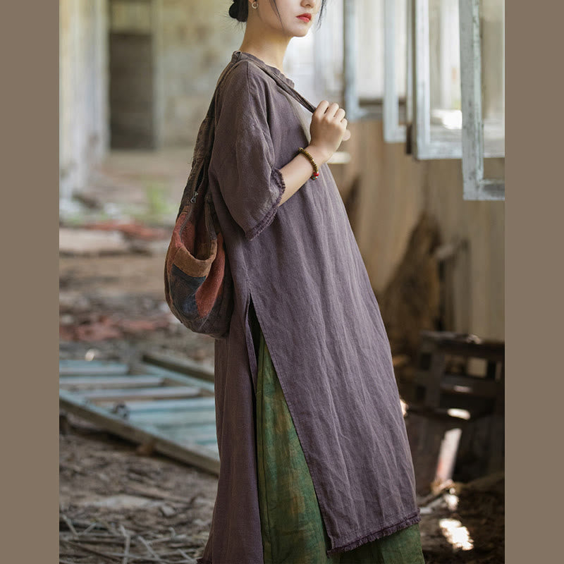 Vestido de longitud media con Buddha Stones Top de lino de ramio con media manga y dobladillo dividido - image 24