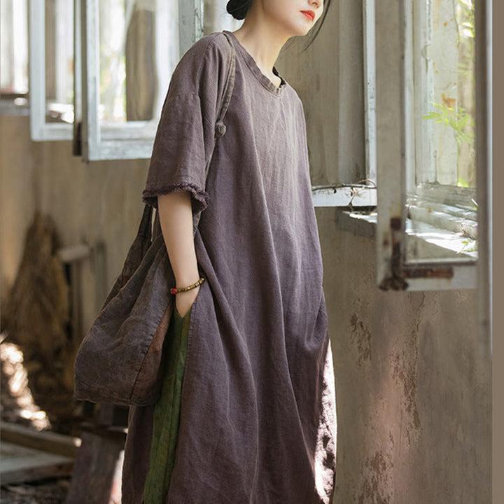 Camiseta de manga corta para mujer con estampado de Buddha Stones , ramio y lino, con bajo dividido. - image 21