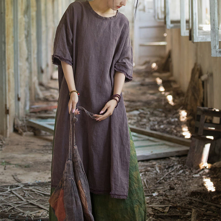 Camiseta de manga corta para mujer con estampado de Buddha Stones , ramio y lino, con bajo dividido. - image 25