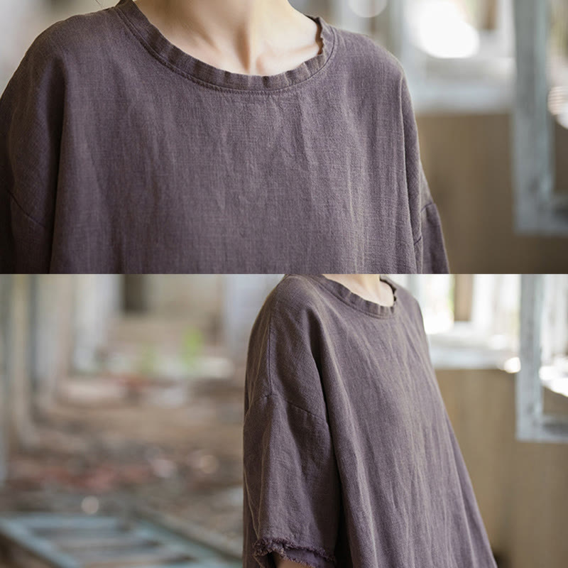 Camiseta de manga corta para mujer con estampado de Buddha Stones , ramio y lino, con bajo dividido. - image 30