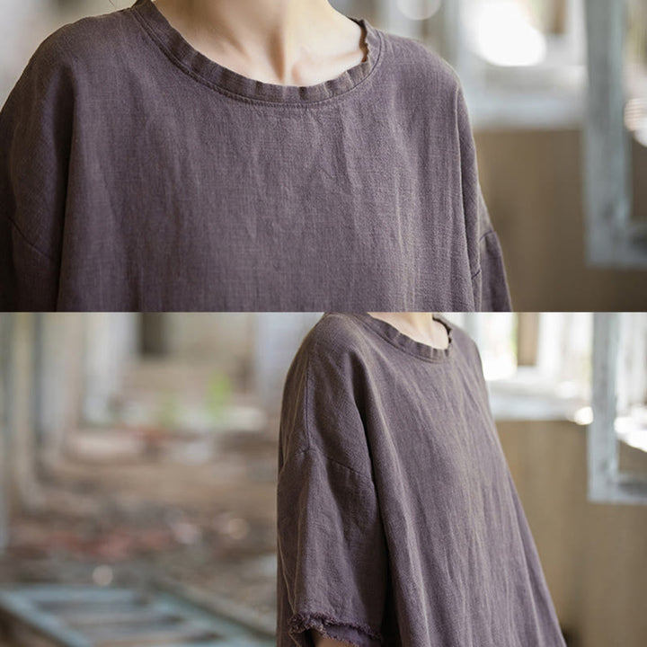 Camiseta de manga corta para mujer con estampado de Buddha Stones , ramio y lino, con bajo dividido. - image 30