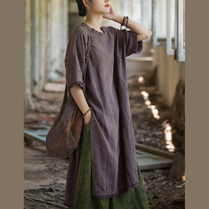 Camiseta de manga corta para mujer con estampado de Buddha Stones , ramio y lino, con bajo dividido. - image 28