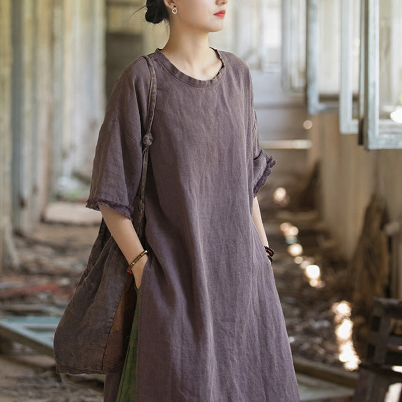 Camiseta de manga corta para mujer con estampado de Buddha Stones , ramio y lino, con bajo dividido. - image 26