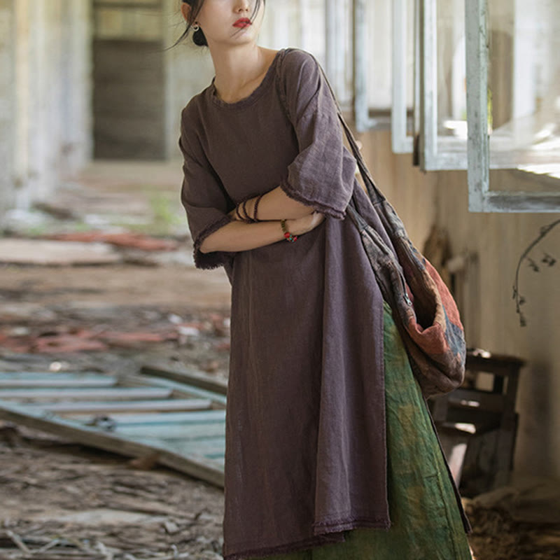 Vestido de longitud media con Buddha Stones Top de lino de ramio con media manga y dobladillo dividido - Morado (busto 124 cm, hombro 60 cm, largo 101-108 cm) (solo vestido) - image 15