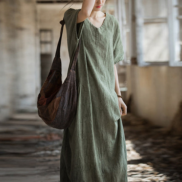 Vestido midi con cuello en V y teñido anudado hecho a mano con Buddha Stones Vestido de manga corta de lino - Verde (Busto 120 cm/Largo 120 cm) (Solo vestido) - image 0