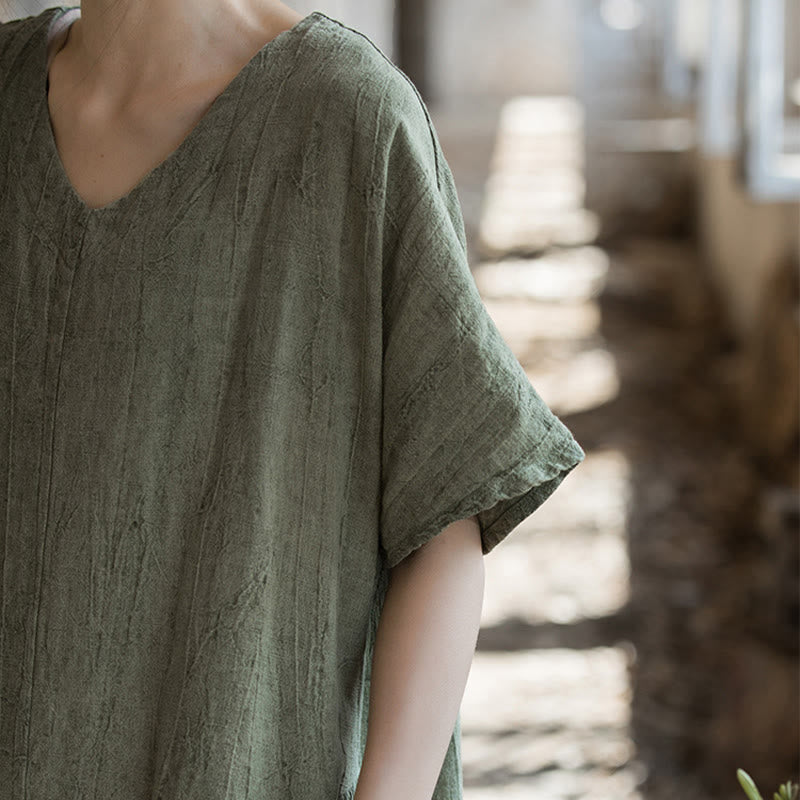 Vestido midi con cuello en V y teñido anudado hecho a mano con Buddha Stones Vestido de manga corta de lino - image 5