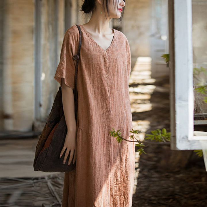 Vestido midi con cuello en V y teñido anudado hecho a mano con Buddha Stones Vestido de manga corta de lino - Naranja (Busto 120 cm/Largo 120 cm) (Solo vestido) - image 8