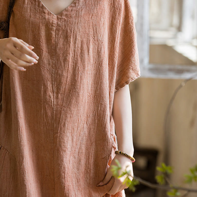 Vestido midi con cuello en V y teñido anudado hecho a mano con Buddha Stones Vestido de manga corta de lino - image 16