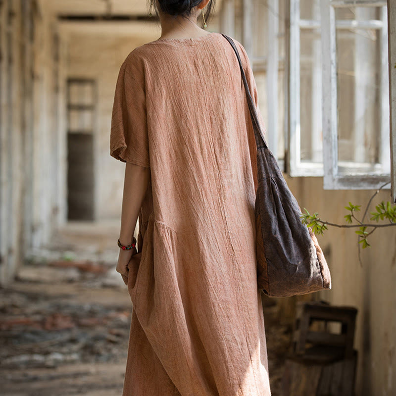 Vestido midi con cuello en V y teñido anudado hecho a mano con Buddha Stones Vestido de manga corta de lino - image 11