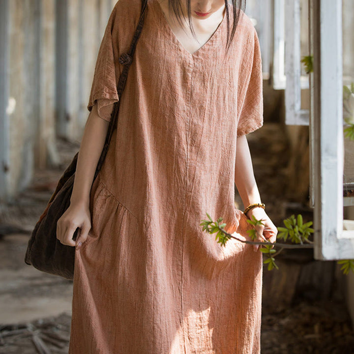 Vestido midi con cuello en V y teñido anudado hecho a mano con Buddha Stones Vestido de manga corta de lino - image 15
