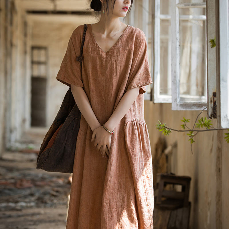 Vestido midi con cuello en V y teñido anudado hecho a mano con Buddha Stones Vestido de manga corta de lino - image 13