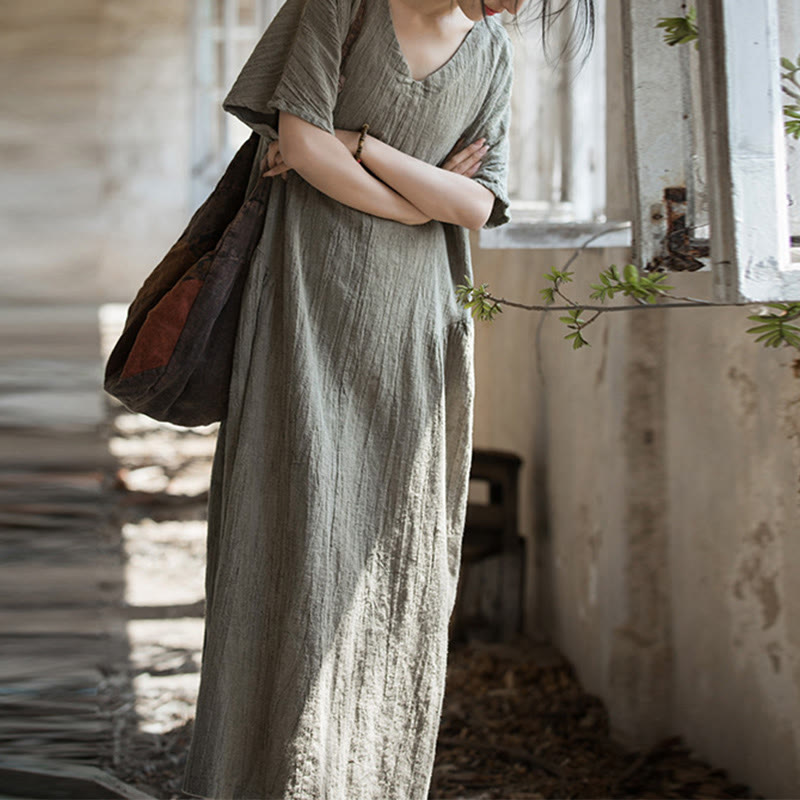 Vestido midi con cuello en V y teñido anudado hecho a mano con Buddha Stones Vestido de manga corta de lino - image 24