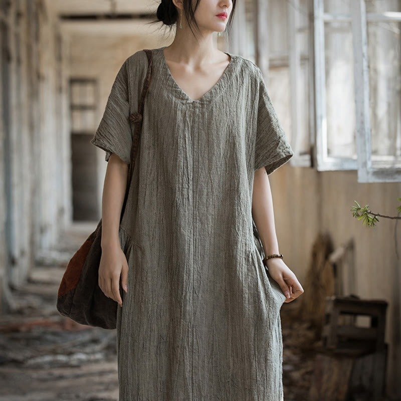 Vestido midi con cuello en V y teñido anudado hecho a mano con Buddha Stones Vestido de manga corta de lino - image 18