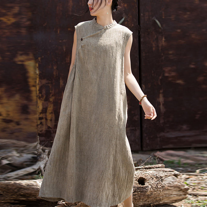 Vestido midi teñido anudado hecho a mano con Buddha Stones Vestido sin mangas de lino - Beige (Busto 116 cm / Hombros 39 cm / Largo 115 cm) (Solo vestido) - image 19